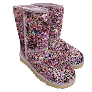 UGG Classic Short Boots Stellar Sequin Sz 5 Purple Lilac Frost Sparkle Mid Calf